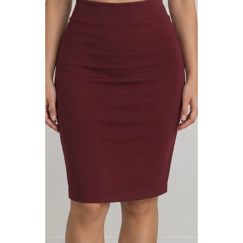 Burgundy High Waisted Pencil Skirt Knee Length Stretch Burgundy Size-S